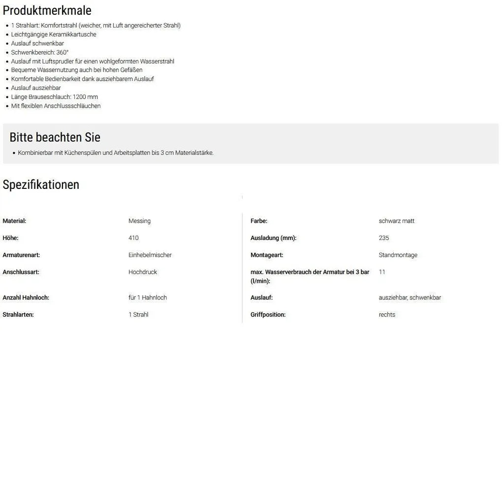 Mariner Küchenarmatur Cucina mit 360° Schwenkbarem Auslauf und Ausziehbarer Brause – Einhebelmischer für Küche, Warmwasserarmatur und Kaltwasseranschluss, Flexschläuche Inklusive