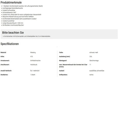 Mariner Küchenarmatur Cucina mit 360° Schwenkbarem Auslauf und Ausziehbarer Brause – Einhebelmischer für Küche, Warmwasserarmatur und Kaltwasseranschluss, Flexschläuche Inklusive