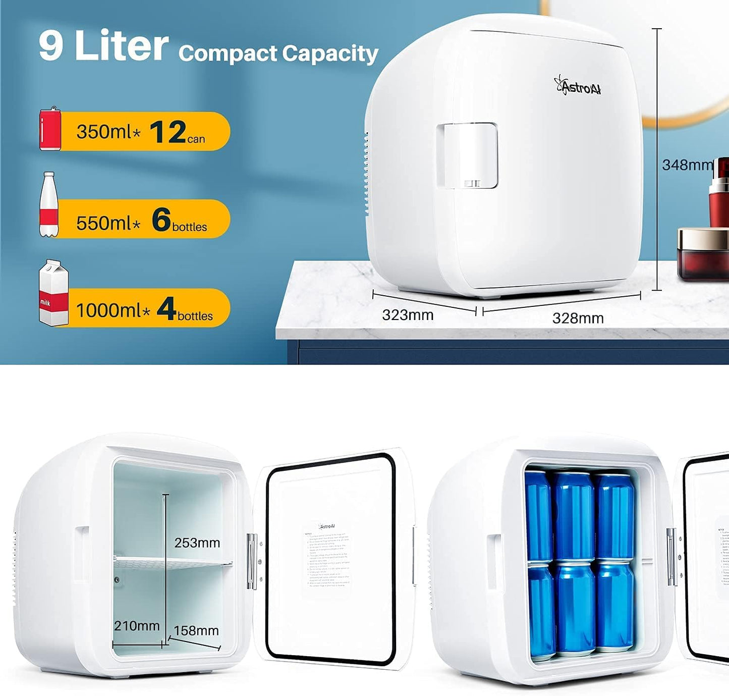 JUNG AstroAI 9L Mini Kühlschrank mit Glastür, leise & energiesparend, 2-in-1 Kühl- & Heizfunktion, 12V/230V, tragbar, für Auto, Camping, Büro & Zuhause – Weiß