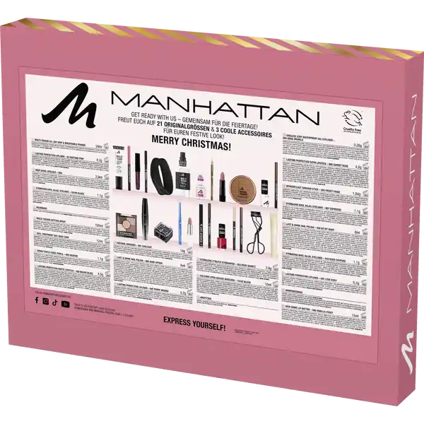 MANHATTAN Make-up Frauen Adventskalender 2025 24 Make-up Produkten, Primer, Lipliner, Mascara, für Damen und Mädchen Advent Kalender ( Wert 150€ )