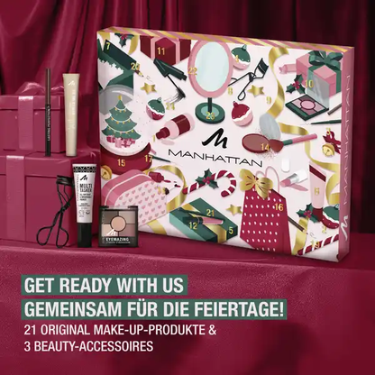 MANHATTAN Make-up Frauen Adventskalender 2025 24 Make-up Produkten, Primer, Lipliner, Mascara, für Damen und Mädchen Advent Kalender ( Wert 150€ )