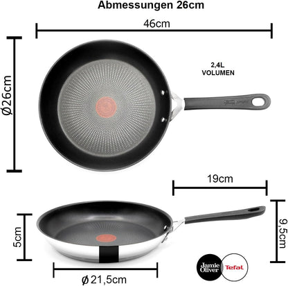 Tefal E30 Jamie Oliver Edelstahl Bratpfanne 26 cm, Antihaftbeschichtet, Induktionsfähig, Ofenfest bis 175°C, Hitzebeständig bis 260°C, Thermo-Signal, Genieteter Edelstahlgriff mit Silikon