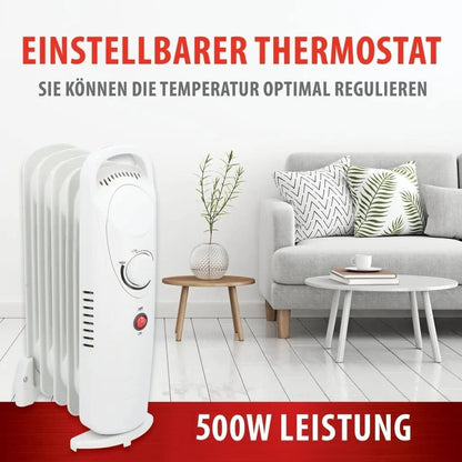 JUNG Elektrischer Ölradiator Heizkörper 500 Watt mit Thermostat, 5 Lamellen, Kompakt und Mobil, Geräuschloses Elektroheizgerät für Innenräume bis 15 m², Energiesparender Stahl-Heizkörper