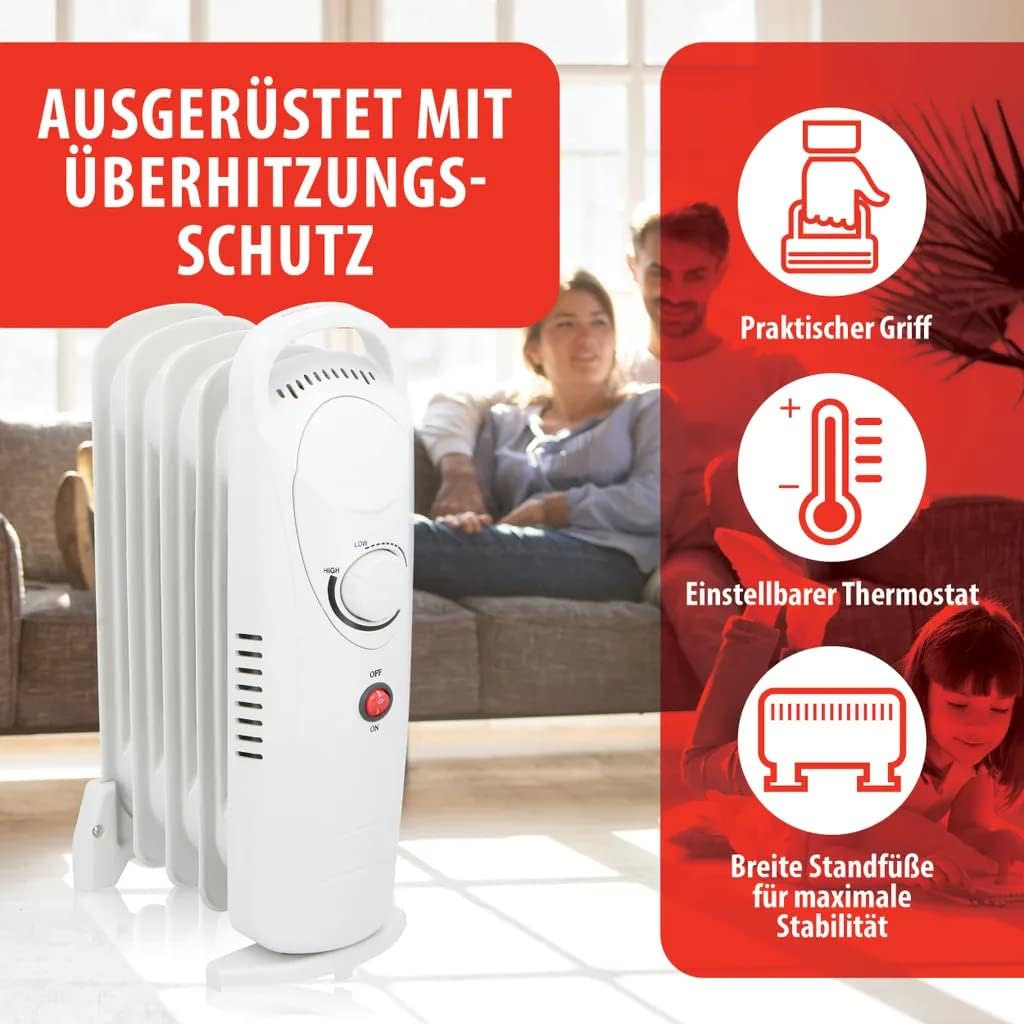 JUNG Elektrischer Ölradiator Heizkörper 500 Watt mit Thermostat, 5 Lamellen, Kompakt und Mobil, Geräuschloses Elektroheizgerät für Innenräume bis 15 m², Energiesparender Stahl-Heizkörper