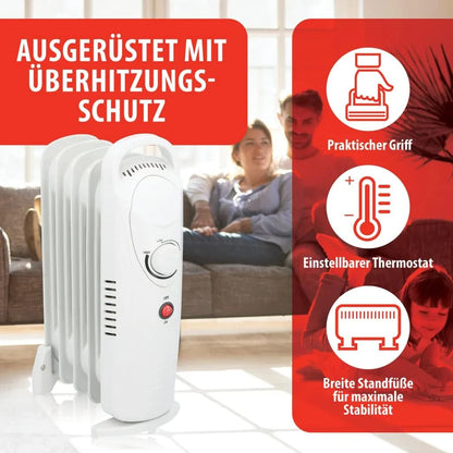 JUNG Elektrischer Ölradiator Heizkörper 500 Watt mit Thermostat, 5 Lamellen, Kompakt und Mobil, Geräuschloses Elektroheizgerät für Innenräume bis 15 m², Energiesparender Stahl-Heizkörper