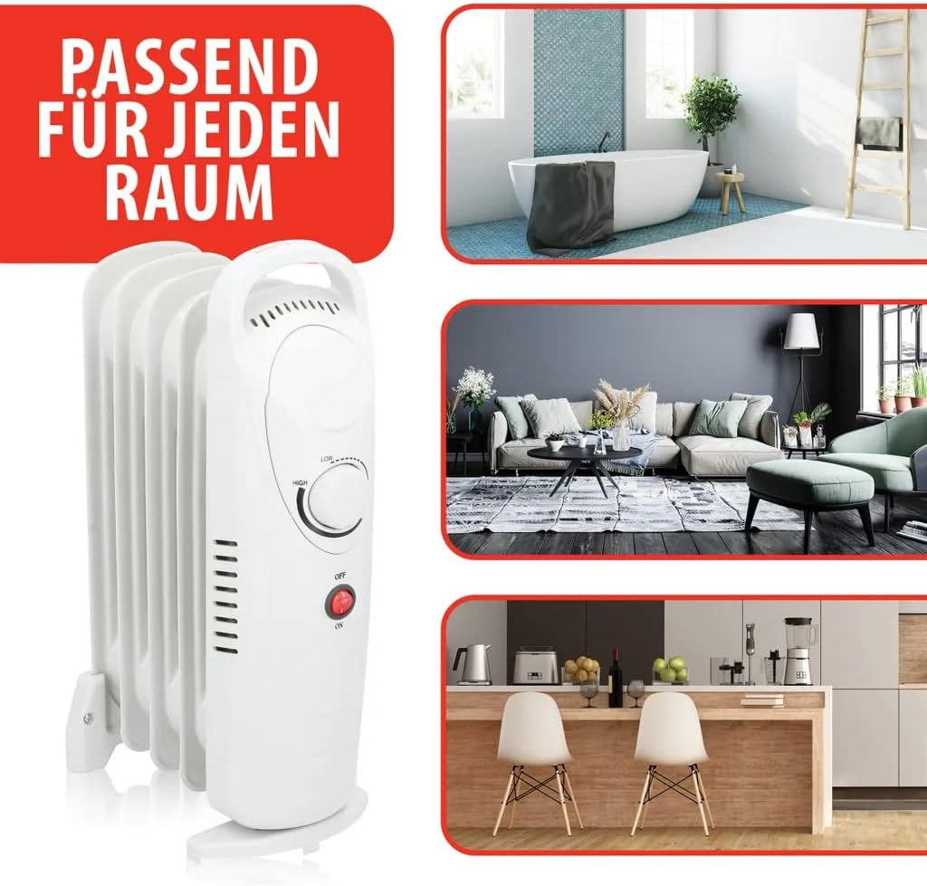 JUNG Elektrischer Ölradiator Heizkörper 500 Watt mit Thermostat, 5 Lamellen, Kompakt und Mobil, Geräuschloses Elektroheizgerät für Innenräume bis 15 m², Energiesparender Stahl-Heizkörper