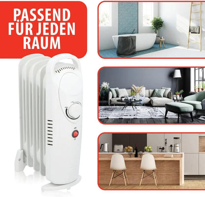 JUNG Elektrischer Ölradiator Heizkörper 500 Watt mit Thermostat, 5 Lamellen, Kompakt und Mobil, Geräuschloses Elektroheizgerät für Innenräume bis 15 m², Energiesparender Stahl-Heizkörper