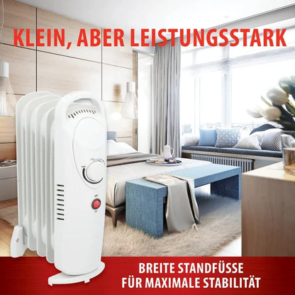 JUNG Elektrischer Ölradiator Heizkörper 500 Watt mit Thermostat, 5 Lamellen, Kompakt und Mobil, Geräuschloses Elektroheizgerät für Innenräume bis 15 m², Energiesparender Stahl-Heizkörper