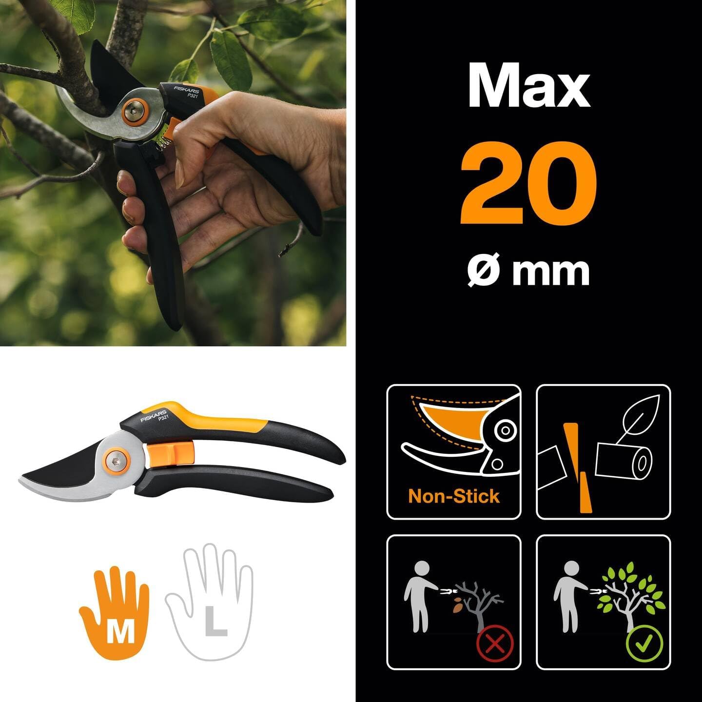 Fiskars Solid Bypass-Gartenschere P321, 20 cm, mit Antihaft-Klinge aus gehärtetem Stahl, für frische Zweige und Rosen, ergonomischer SoftGrip-Griff, Sicherheitsverschluss, Handbetrieb, 167 g