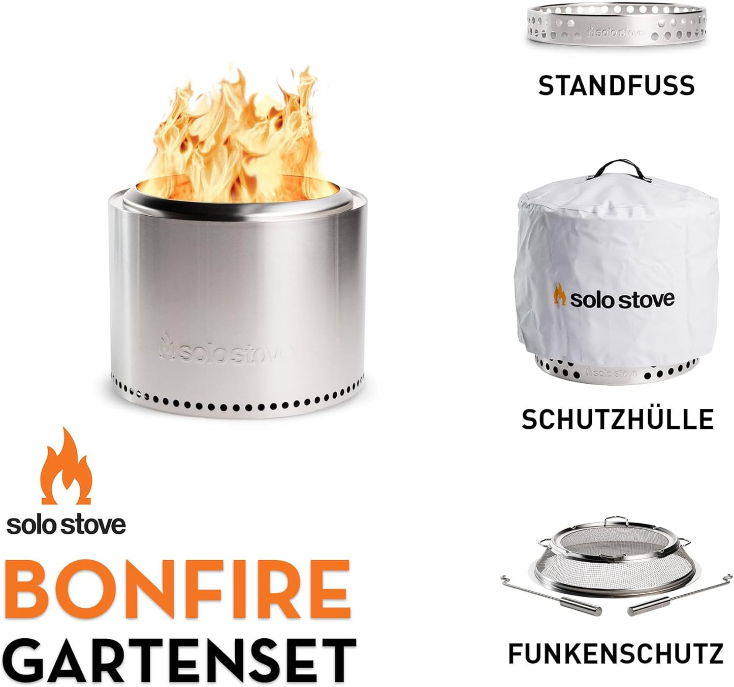 Solo Stove Bonfire Edelstahl Feuerschale Outdoor Kamin, Tragbare Feuerstelle, Raucharm, Mobil mit Standfuß, Schutzhülle und Tragetasche, Für Garten, Terrasse, Camping, Ø 49,5 cm