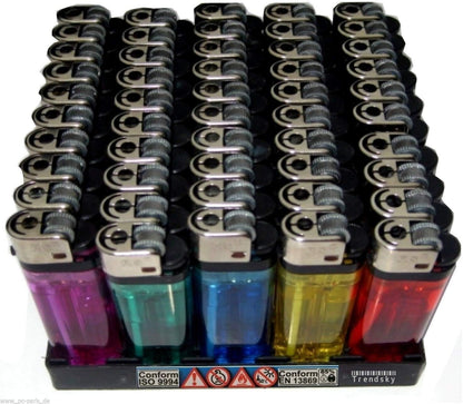 RESCH 100 Stück Einwegfeuerzeuge Reibradfeuerzeuge mit Kindersicherung im Verkaufsdisplay – Einstellbare Flammengröße, Transparente Gasanzeige, Robustes Kunststoffgehäuse – 5 Farben, ideal für Haushalt & Outdoor