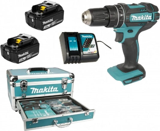 Makita Akku Schlagbohrschrauber Set 18V 3,0Ah mit 2 Akkus, Schnellladegerät, Koffer, Bit- und Bohrerset – Leistungsstarker Bohrschrauber mit Schlagfunktion für präzises Bohren & Schrauben