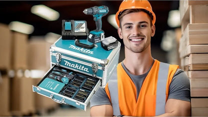 Makita Akku Schlagbohrschrauber Set 18V 3,0Ah mit 2 Akkus, Schnellladegerät, Koffer, Bit- und Bohrerset – Leistungsstarker Bohrschrauber mit Schlagfunktion für präzises Bohren & Schrauben