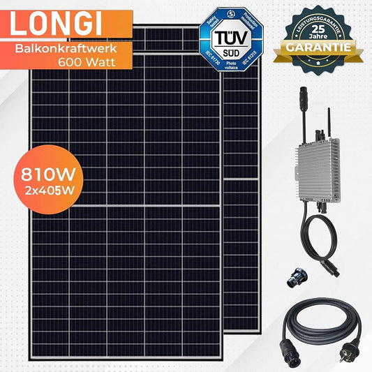 JUNG LONGI Balkonkraftwerk 820W Set mit 2x405W Solarmodulen, Wechselrichter 600W, Plug & Play Photovoltaik Anlage steckerfertig, WLAN, PV Komplettset ohne Genehmigung, Balkon-Solaranlage für Haushalt