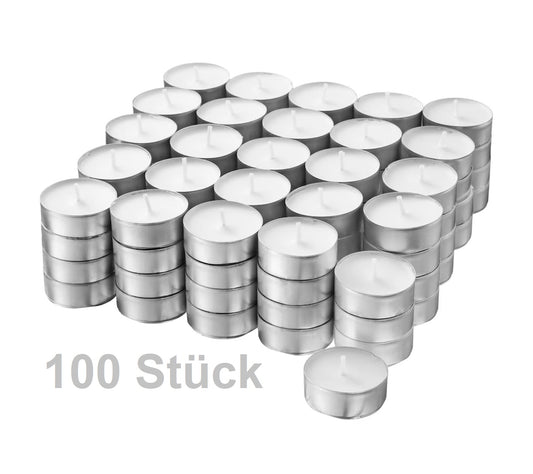 JUNG Teelichter Hochwertige 100er Set, Ø37mm, 4 Stunden Brenndauer, Geruchsneutral, für Dekoration, Weiß, Paraffinwachs, Aluminiumhülle, Party, Hochzeit, Festlichkeiten, stimmungsvolle Beleuchtung, Weihnachten, Ostern, Geburtstag