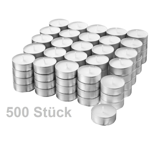 JUNG Teelichter Hochwertige 500er Set, Ø37mm, 4 Stunden Brenndauer, Geruchsneutral, für Dekoration, Weiß, Paraffinwachs, Aluminiumhülle, Party, Hochzeit, Festlichkeiten, stimmungsvolle Beleuchtung, Weihnachten, Ostern, Geburtstag