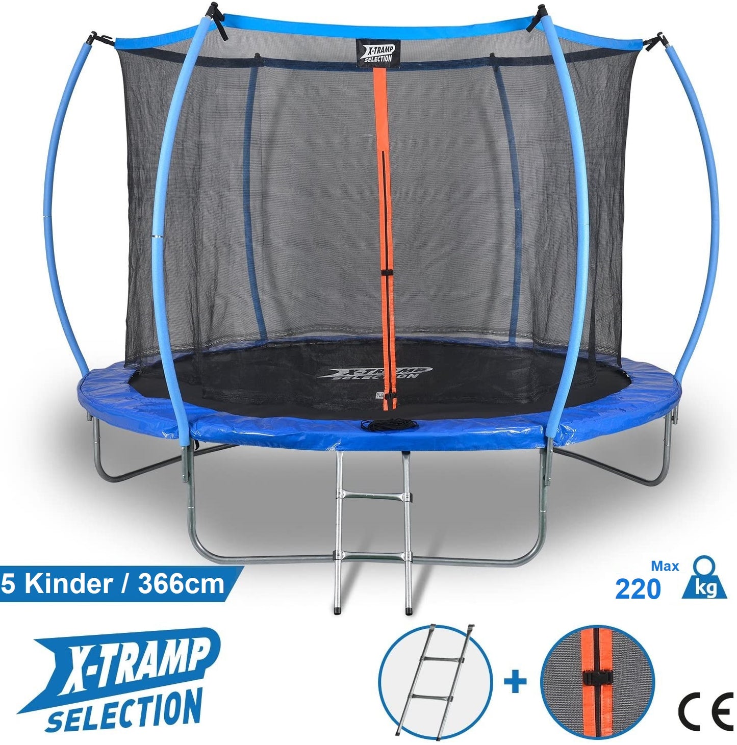 SENA X-Tramp Selection Trampolin Ø 366 cm, Gartentrampolin für 5 Kinder oder 4 Erwachsene, TÜV geprüft, 200 kg belastbar, mit Sicherheitsnetz, Randabdeckung und Polsterung, ideales Fitness- und Spielgerät für den Garten