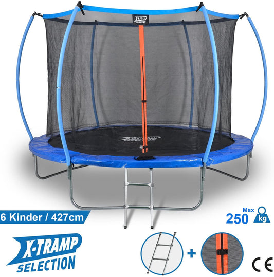 SENA X-Tramp Selection Trampolin Ø 427 cm, Gartentrampolin für 6 Kinder oder 4 Erwachsene, TÜV geprüft, 250 kg belastbar, mit Sicherheitsnetz, Randabdeckung und Polsterung, ideales Fitness- und Spielgerät für den Garten