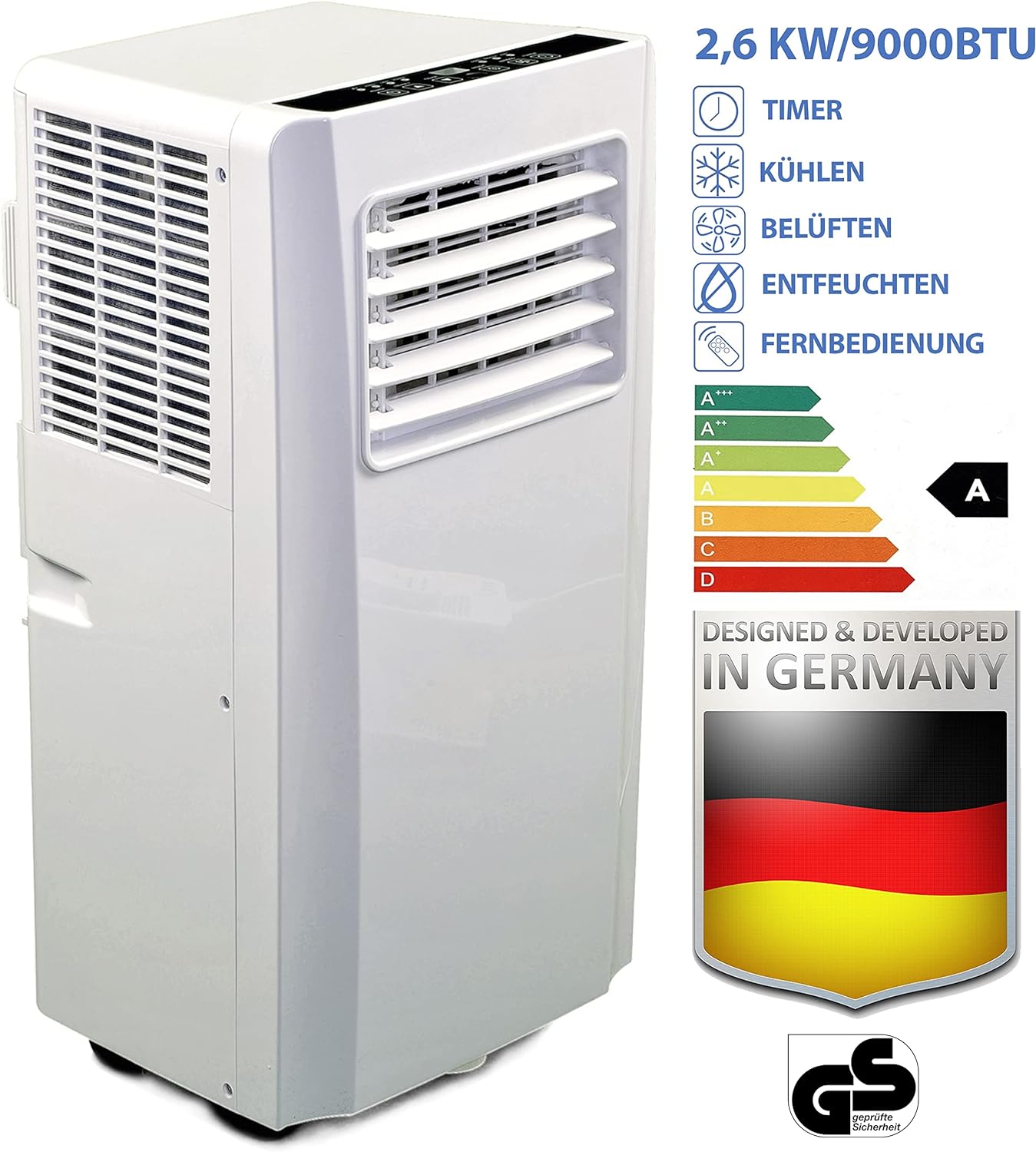 JUNG AIR TV04 Mobile Klimaanlage, 9000 BTU, 2,6 KW, Energieklasse A, Fernbedienung, Entfeuchtungsfunktion, Abluftschlauch, 75m³ Kühlkapazität, mobile Klimaanlage mit Timer und 2 Jahren Garantie
