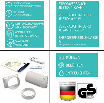 JUNG AIR TV04 Mobile Klimaanlage, 9000 BTU, 2,6 KW, Energieklasse A, Fernbedienung, Entfeuchtungsfunktion, Abluftschlauch, 75m³ Kühlkapazität, mobile Klimaanlage mit Timer und 2 Jahren Garantie
