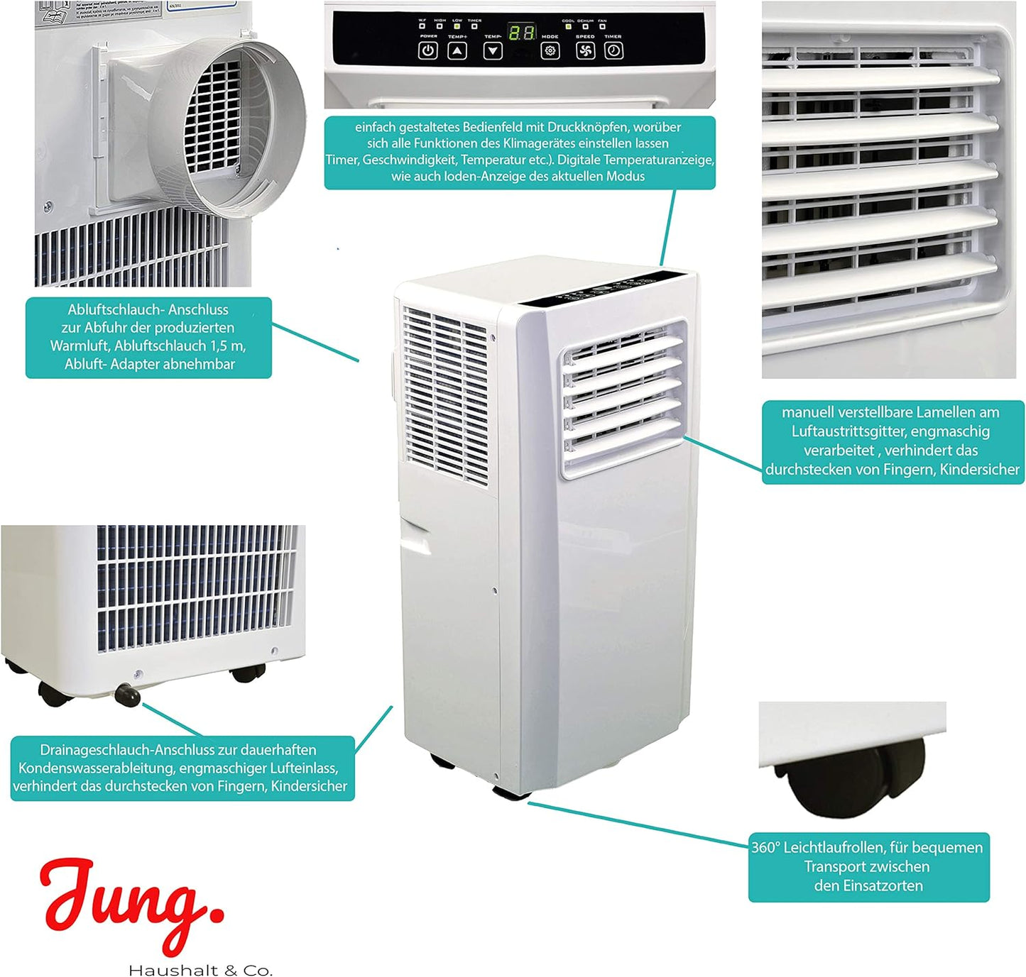 JUNG AIR TV04 Mobile Klimaanlage, 9000 BTU, 2,6 KW, Energieklasse A, Fernbedienung, Entfeuchtungsfunktion, Abluftschlauch, 75m³ Kühlkapazität, mobile Klimaanlage mit Timer und 2 Jahren Garantie