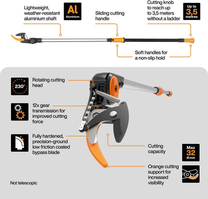 Fiskars UPX82 Bypass-Schneidgiraffe 1,6 m für frische Äste und Zweige, Gesamtreichweite 3,5m , mit Antihaft-Stahlklinge, innenliegendem Seilzug, drehbarem Schneidkopf, Aluminiumstiel, nicht teleskopierbar, 1,2 kg