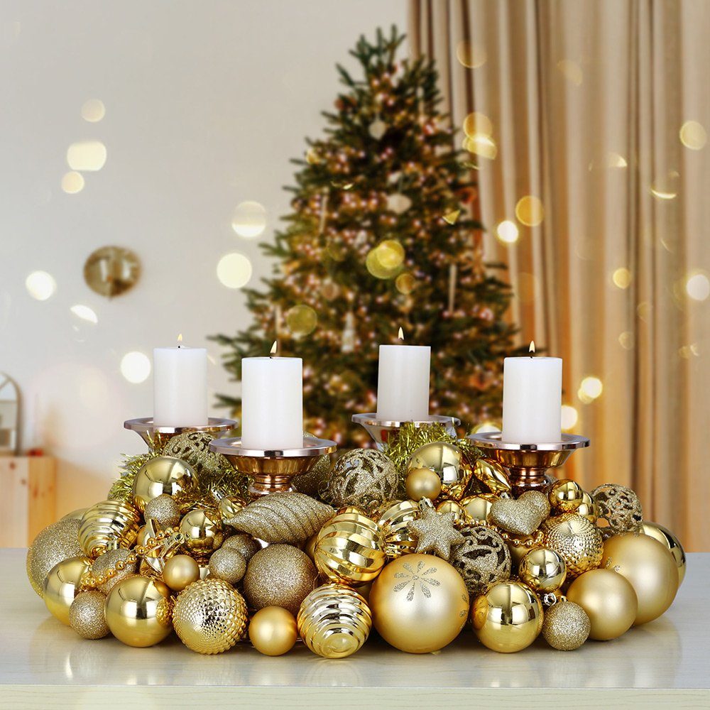 JUNG Christbaumschmuck 100er Set Weihnachtskugeln Gold Kunststoff für Innen und Außen, Glänzend, Matt oder Glitzernd, Weihnachtsbaum Kugeln mit Aufhängern, Vielfältige Größen Ø 3-6 cm