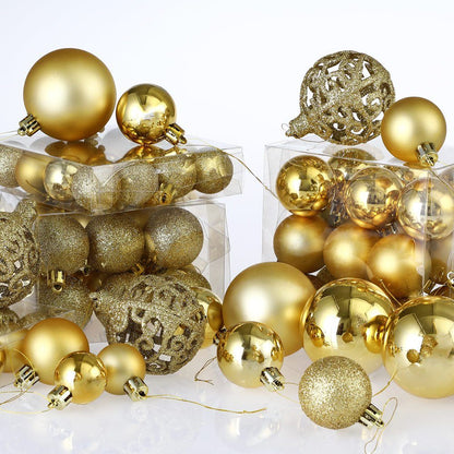 JUNG Christbaumschmuck 100er Set Weihnachtskugeln Gold Kunststoff für Innen und Außen, Glänzend, Matt oder Glitzernd, Weihnachtsbaum Kugeln mit Aufhängern, Vielfältige Größen Ø 3-6 cm