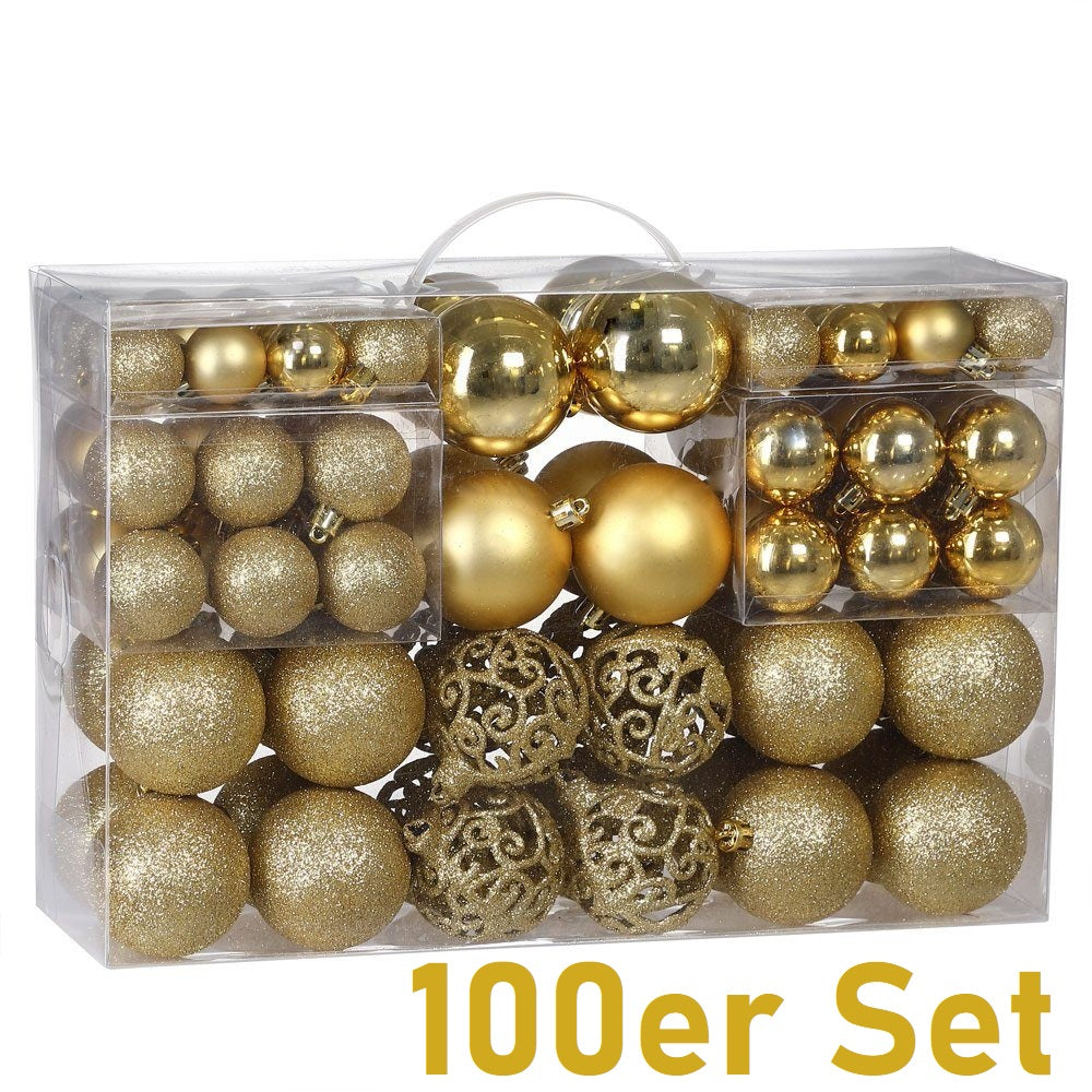 JUNG Christbaumschmuck 100er Set Weihnachtskugeln Gold Kunststoff für Innen und Außen, Glänzend, Matt oder Glitzernd, Weihnachtsbaum Kugeln mit Aufhängern, Vielfältige Größen Ø 3-6 cm