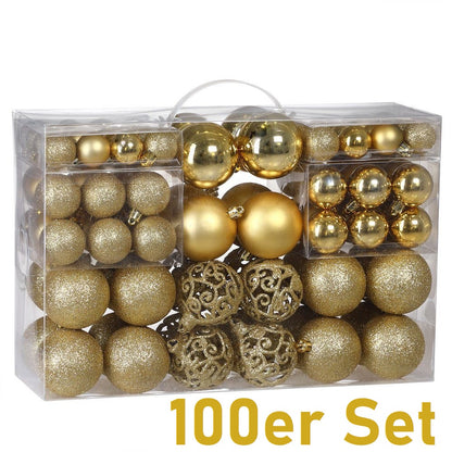 JUNG Christbaumschmuck 100er Set Weihnachtskugeln Gold Kunststoff für Innen und Außen, Glänzend, Matt oder Glitzernd, Weihnachtsbaum Kugeln mit Aufhängern, Vielfältige Größen Ø 3-6 cm