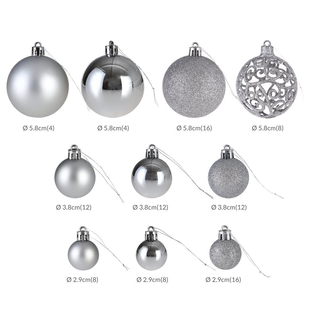 JUNG Christbaumschmuck 100er Set Weihnachtskugeln Silber Kunststoff für Innen und Außen, Glänzend, Matt oder Glitzernd, Weihnachtsbaum Kugeln mit Aufhängern, Vielfältige Größen Ø 3-6 cm