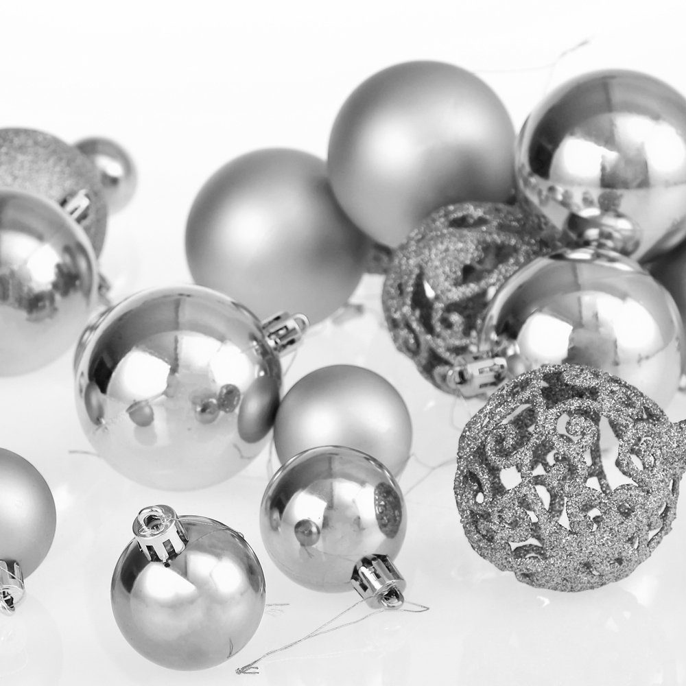 JUNG Christbaumschmuck 100er Set Weihnachtskugeln Silber Kunststoff für Innen und Außen, Glänzend, Matt oder Glitzernd, Weihnachtsbaum Kugeln mit Aufhängern, Vielfältige Größen Ø 3-6 cm