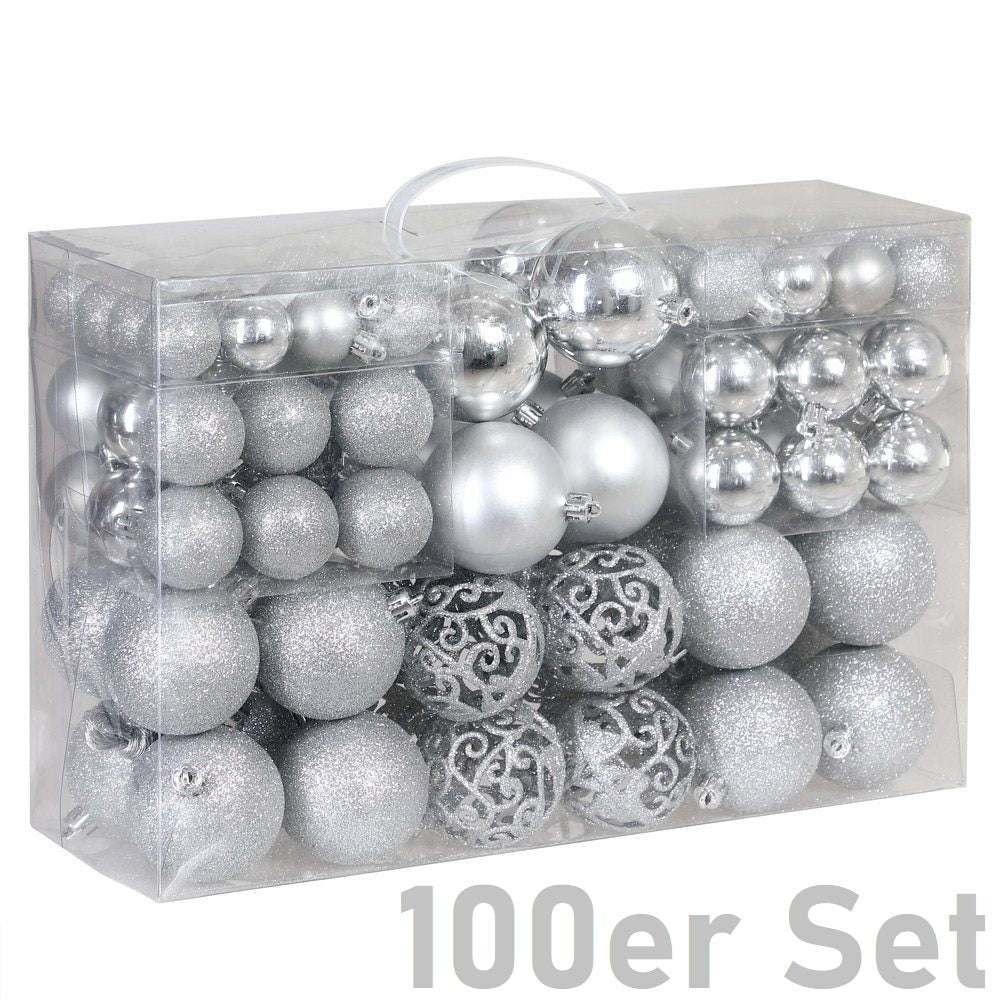 JUNG Christbaumschmuck 100er Set Weihnachtskugeln Silber Kunststoff für Innen und Außen, Glänzend, Matt oder Glitzernd, Weihnachtsbaum Kugeln mit Aufhängern, Vielfältige Größen Ø 3-6 cm