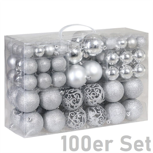 JUNG Christbaumschmuck 100er Set Weihnachtskugeln Silber Kunststoff für Innen und Außen, Glänzend, Matt oder Glitzernd, Weihnachtsbaum Kugeln mit Aufhängern, Vielfältige Größen Ø 3-6 cm